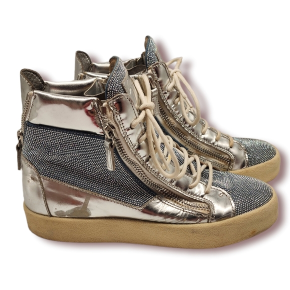 (RARE)Giuseppe Zanotti Blue/Silver Denim Justy Crystal Studded High Top Sneakers - Picture 2 of 8